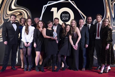 Theatrical campaign of the year - 200 sites and over winner Paramount, with presenter Matt Aspray, Motion Picture Solutions (left) and host Sally Phillips (right)